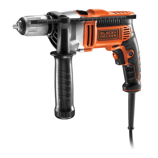 A BLACK+DECKER corded electric drill with an auxiliary handle and depth gauge, featuring an orange and black design.