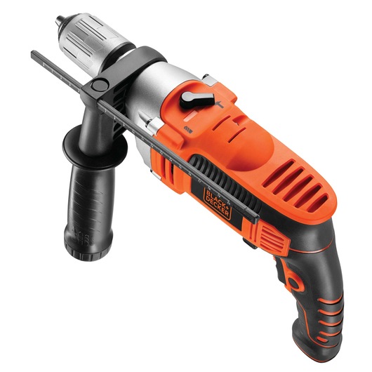 A BLACK+DECKER electric drill with an orange and black design, featuring a side handle and depth gauge.