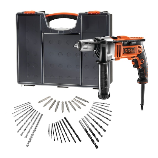 A BLACK+DECKER corded drill set with an orange and black drill, a hard carrying case, and an array of different drill bits and driver heads organized in a semicircle.