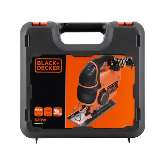 BLACK+DECKER jigsaw set in a hard plastic carrying case with orange and black branding. The packaging displays the jigsaw tool, ten additional blades, and technical information such as 620W power.