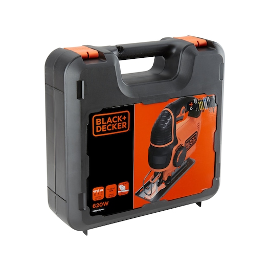 A BLACK+DECKER jigsaw kit in a hard plastic carrying case with orange and black accents, featuring an image of the jigsaw tool and accessories on the front label.