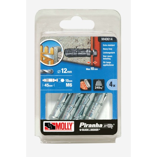 BLACK+DECKER M40614 heavy duty metal wall anchors, 12mm diameter, pack of 4, in retail packaging front view.
