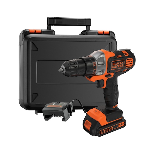 BLACK+DECKER MT218K cordless drill set with orange and black 18V drill, battery charger, and carrying case, front angle.