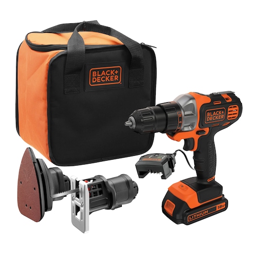 BLACK+DECKER MT218S1A cordless multi-tool kit with drill, attachments, charger, and orange-black carrying bag, front angle.