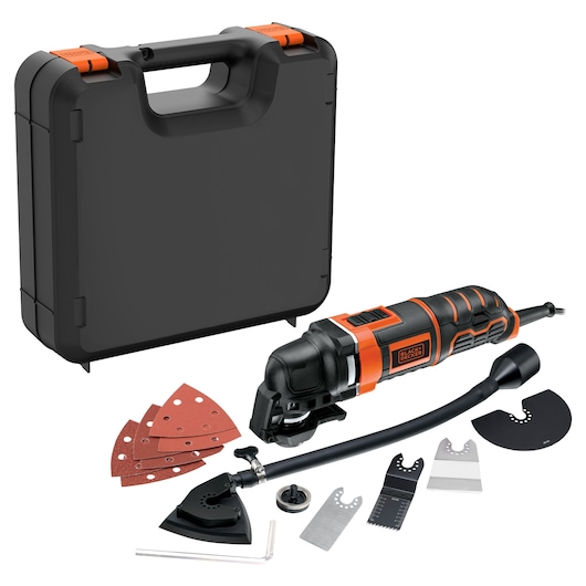 BLACKDECKER MT300KA oscillating multi-tool kit with black carrying case, sanding pads, blades, and tool attachments, front angle.