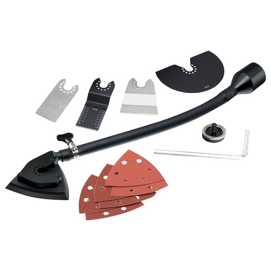 BLACKDECKER MT300KA multi-tool accessories set with sanding pads, blades, dust extraction attachment, and wrench, top view.