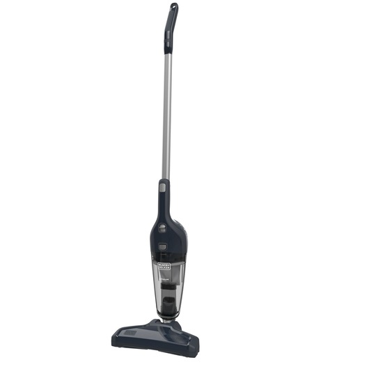 A BLACK+DECKER upright stick vacuum cleaner with a dark blue and silver design, featuring a transparent dust container and a long handle.