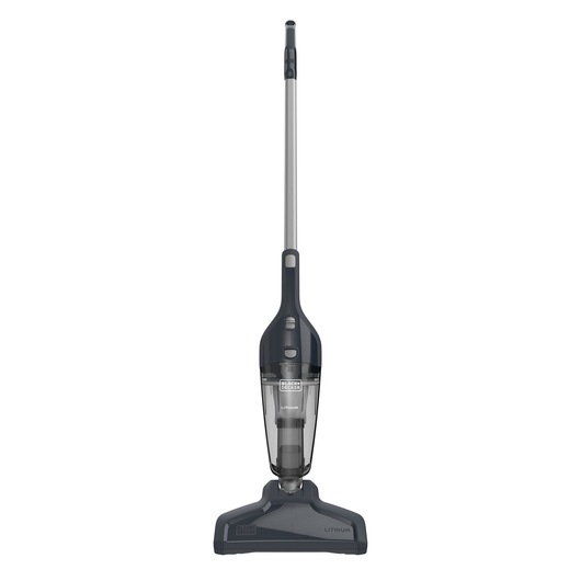 A BLACK+DECKER upright stick vacuum cleaner with a transparent dust container, lithium technology, and a black and grey design, shown standing upright against a white background.