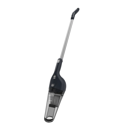 A BLACK+DECKER cordless stick vacuum cleaner with a long handle, designed for easy floor cleaning. The vacuum is black and silver with a transparent dust container.
