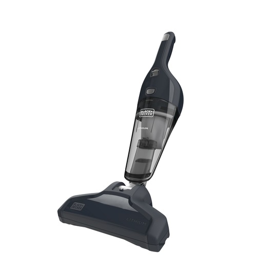 A BLACK+DECKER cordless handheld vacuum cleaner with a detachable floor head, pictured standing upright. The design is sleek and dark-colored, with visible buttons and a transparent dust container.