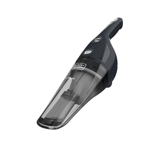 A BLACK+DECKER handheld cordless vacuum cleaner with a transparent dust container and a dark grey body.