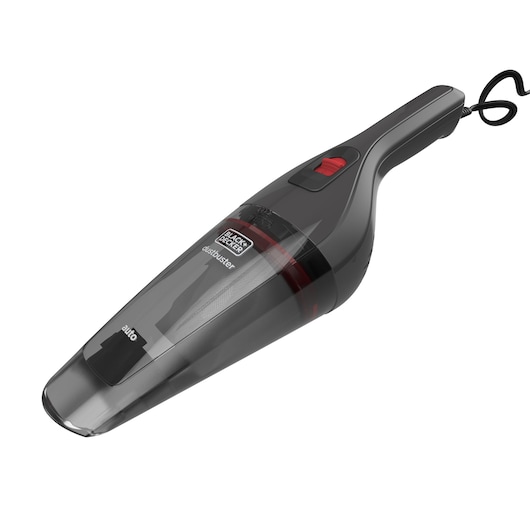 A BLACK+DECKER Dustbuster handheld vacuum cleaner with a cord, shown in a dark color. The product has a transparent dust container and a red power switch on the handle.