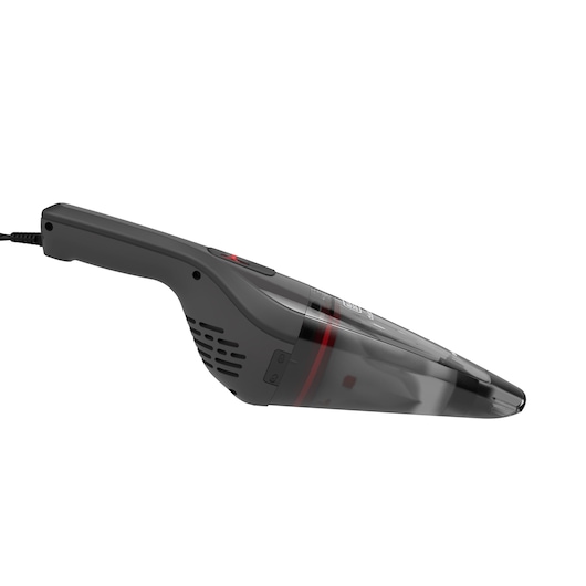 A BLACK+DECKER handheld vacuum cleaner, model NVB12AV, shown in a side view with a black and grey design and a transparent dust container.