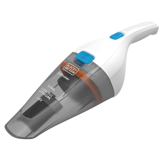 A BLACK+DECKER handheld cordless vacuum cleaner with a white and grey design and blue buttons. The product has a transparent dust container and is labeled with 'dustbuster', 'CORDLESS LITHIUM', '5.4 Wh', and '3.6V'.