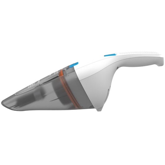 A handheld cordless vacuum cleaner with a white handle and grey dust container, shown in a side view.