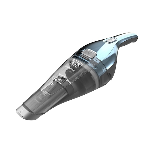 A BLACK+DECKER handheld cordless vacuum cleaner with translucent blue and black casing, featuring a dustbuster logo and lithium 12V technology.