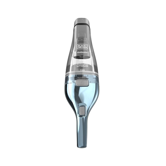 Front view of a BLACK+DECKER Dustbuster cordless handheld vacuum cleaner, featuring a transparent dust chamber and blue accents.