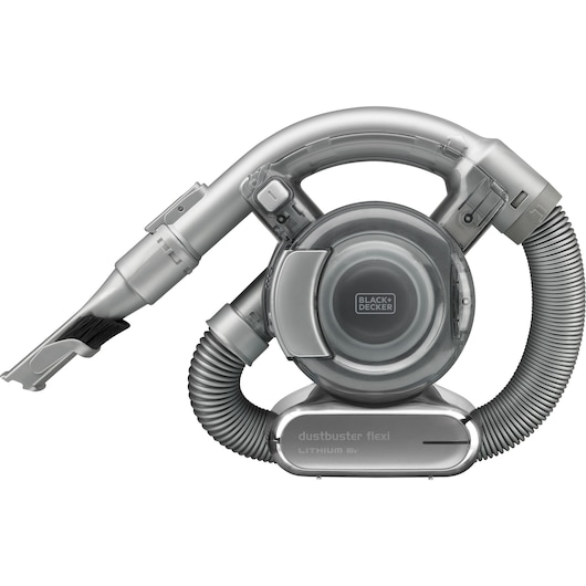 BLACK+DECKER Dustbuster Flexi handheld vacuum cleaner with flexible hose and brush attachment, shown in a silver and grey color.