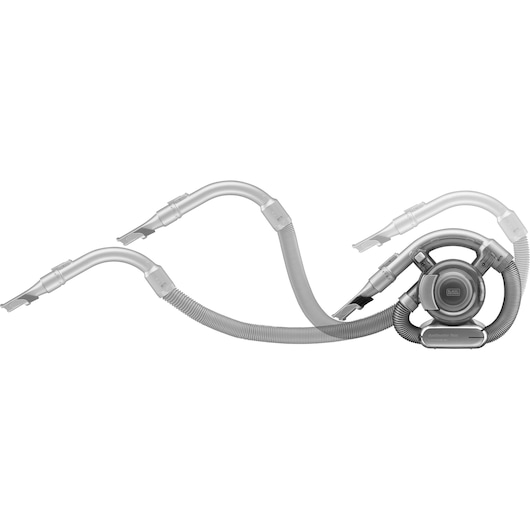 A BLACK+DECKER handheld portable vacuum cleaner with an extended flexible hose and multiple nozzle attachments, shown laid out in a curved arrangement on a white background.