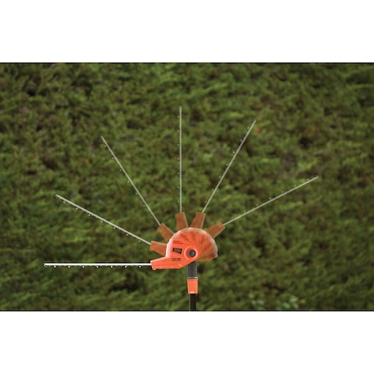Photo of BLACK+DECKER PH5551 hedge trimmer head showing adjustable blade angles outdoors.
