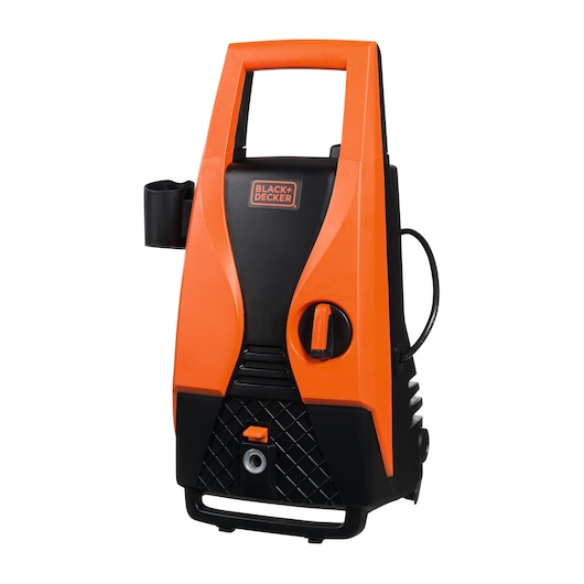 A BLACK+DECKER PW1450TD pressure washer in orange and black, seen from the front with a handle, control, and hose attachment visible.
