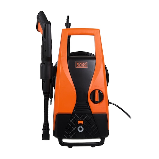 A BLACK+DECKER orange and black pressure washer, model PW1450TD, shown from the front with attached spray gun and hose.