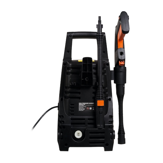 Front view of a BLACK+DECKER PW1450TD high pressure washer. The compact device is black with orange accents, and features a handle on top, a hose, and a trigger gun attachment mounted on the side.