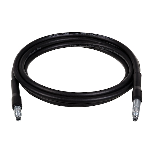 A black high-pressure hose with metal connectors on both ends, coiled in a circular shape against a white background.