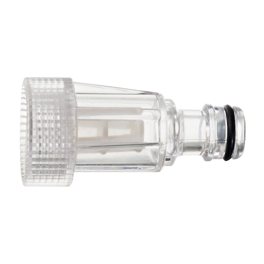 A close-up view of a transparent water filter adapter with a mesh filter inside, designed for connecting to a pressure washer hose.