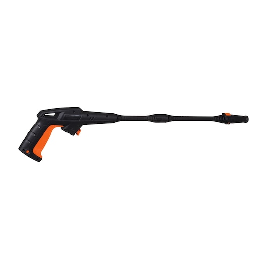 A BLACK+DECKER pressure washer spray gun accessory with a long black barrel and orange handle, shown isolated on a white background.