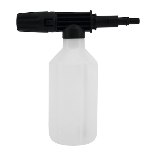 A plastic detergent bottle with a black nozzle attachment designed for use with a pressure washer.