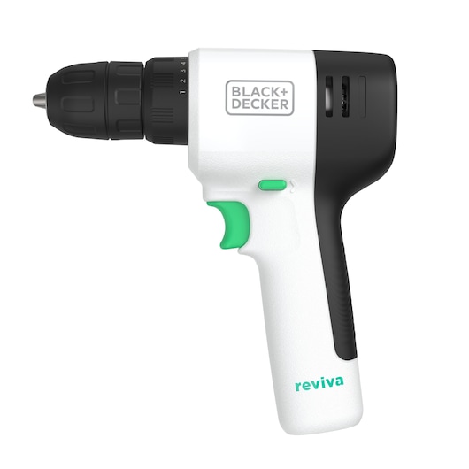 A BLACK+DECKER cordless drill with a white and black body, green trigger, and the word 'reviva' printed on the handle.