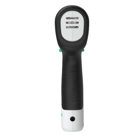 Front view of a BLACK+DECKER REVDD12C handheld device with a black and white body and visible slots on the head, designed for photography-related use.