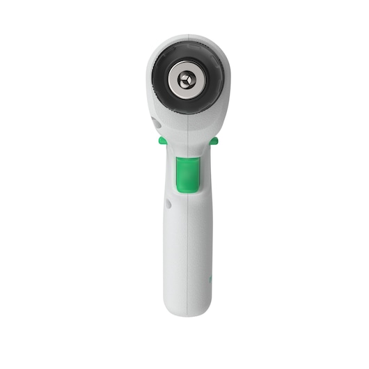 A front-facing view of a BLACK+DECKER electric rotary tool, featuring a white body and a green button, designed for household tasks.