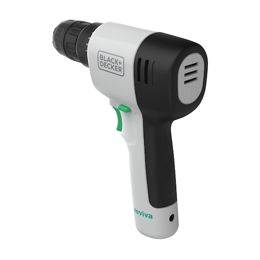 A BLACK+DECKER Reviva cordless electric drill with a white and black body, a green trigger, and a black grip. The drill is compact and ergonomic, suitable for home and DIY tasks.