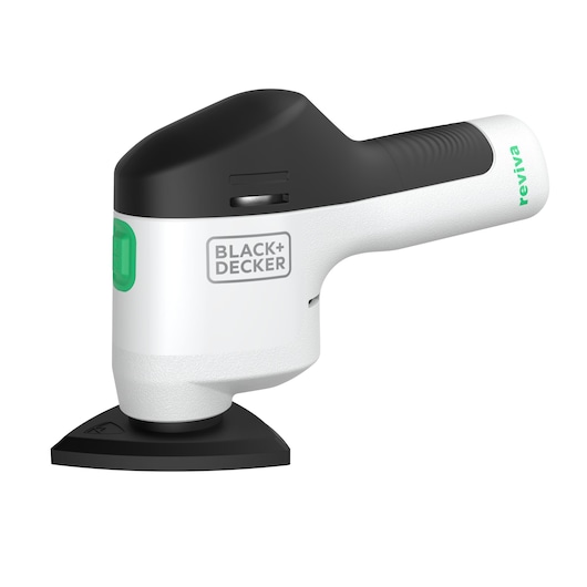 BLACK+DECKER REVDS12C cordless detail sander in white and black, side angle on white background.