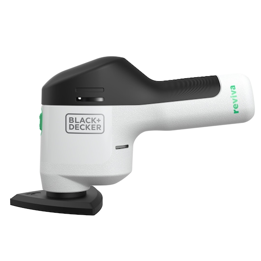 BLACK+DECKER REVDS12C white and black handheld sander, side view, on white background.