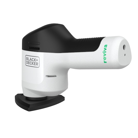 Photo of BLACK+DECKER REVDS12C detail sander, white and black, side angle, with triangular sanding pad.