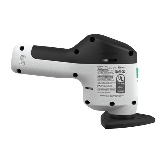 BLACKDECKER handheld sander REVDS12C side angle, white and black body with label and triangular sanding pad.