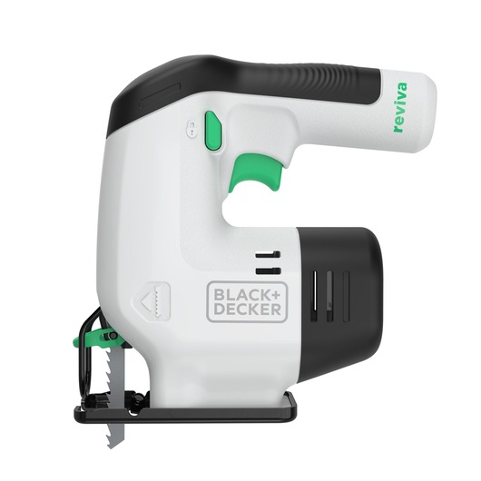 A close-up image of a BLACK+DECKER REVJ12C jigsaw power tool, featuring a white and black body with green accents and the 'reviva' branding visible on the handle.