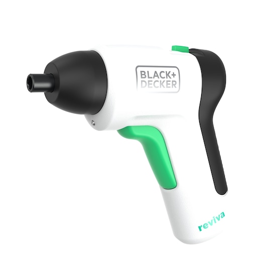BLACK+DECKER REVSD4C cordless screwdriver, white and black body with green accents, side view on white background.