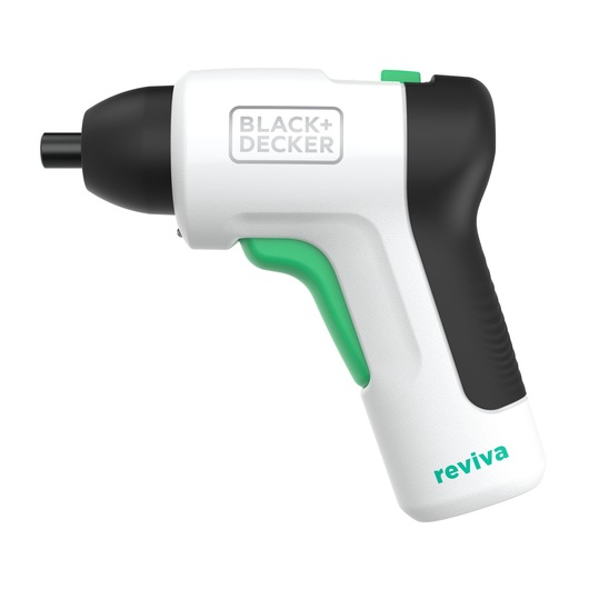 BLACK+DECKER REVSD4C cordless screwdriver, white and black with green accents, side angle on white background.
