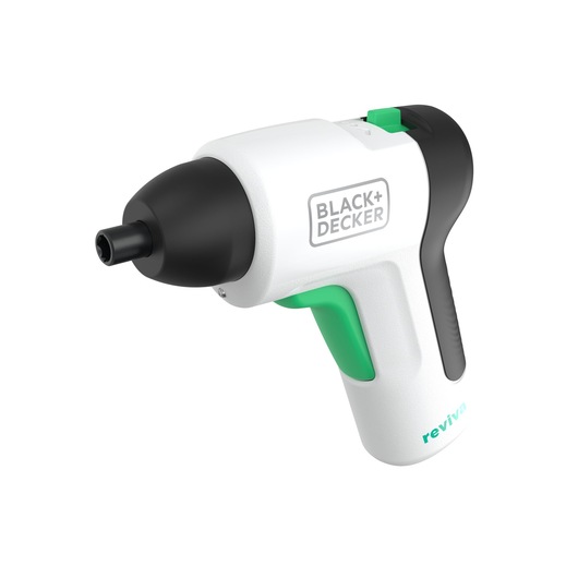 BLACK+DECKER REVSD4C cordless screwdriver, white with black and green accents, side angle on white background.