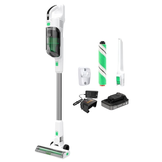 BLACK+DECKER REVSV18D1HF cordless stick vacuum cleaner with accessories, white and green, front angle, on white background.