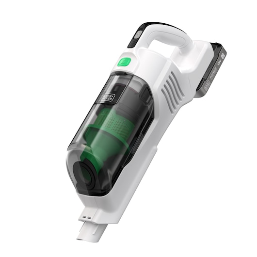 BLACKDECKER REVSV18D1 white and black cordless handheld vacuum cleaner, angled view on white background.