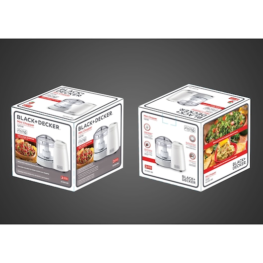 Two product boxes of the BLACK+DECKER Mini Chopper, 120W, model SC350, are shown. Each box displays an image of the mini chopper appliance, product features, and vibrant food dishes prepared using the chopper. The packaging highlights quick and easy food preparation.