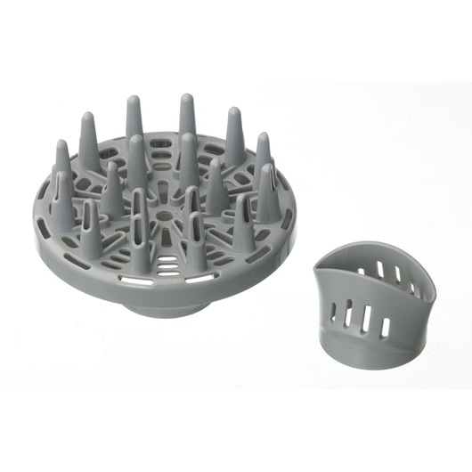 BLACKDECKER SC800 hair dryer diffuser and concentrator attachment, gray plastic, top view, on white background.