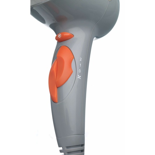 BLACKDECKER SC800 photography of grey hair dryer handle with orange controls, side view.