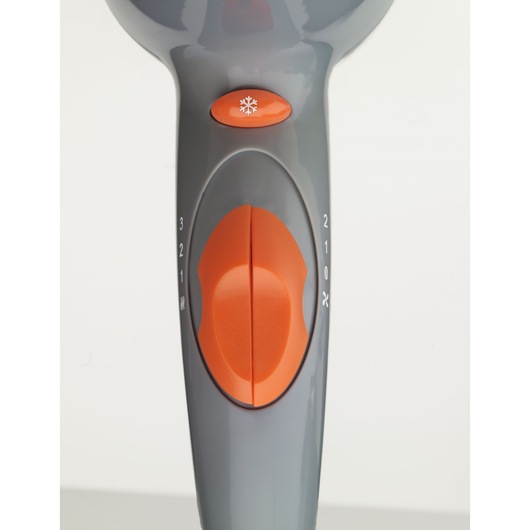 BLACKDECKER SC800 grey and orange handle with control switches, close-up, photography product.