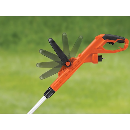 BLACKDECKER ST4525 grass trimmer handle with adjustable auxiliary handle, shown on a green background, side view.